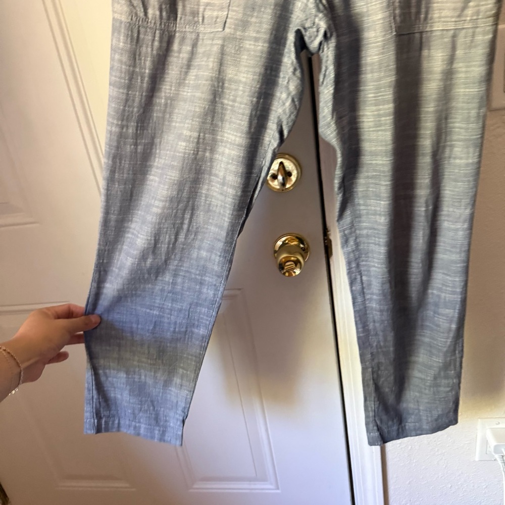 NOOWORKS‎ blue chambray denim cotton Lycra cropped overalls jumpsuit - Picture 3 of 7